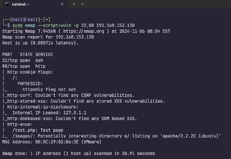 这个 nmap 扫描结果表明目标主机 192.168.153.130 上的端口 22 和 80 是开放的，分别提供 SSH 和 HTTP 服务